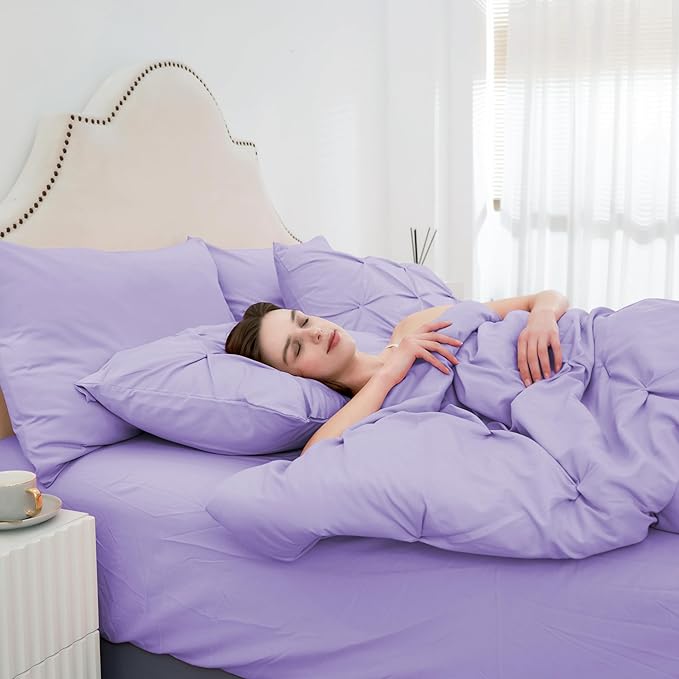 Ubauba 7pc King Size Comforter Set with Sheets, All Season Pintuck 7 Piece Bedding Sets Light Purple, Pinch Pleating Bed in a Bag Set with Comforters (Lavender,King)
