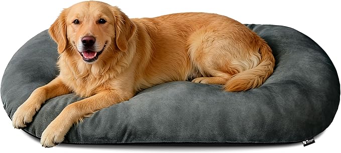 Washable Large Dog Bed for Medium & Large Breeds, Non-Slip Bottom & Plush Faux Silver Fox Fur Oval Cushion Pad for Big Dogs, Soft Mat for Crates, Dark Grey, 41x27 Inch
