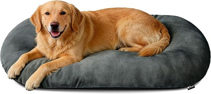 Washable Large Dog Bed for Medium & Large Breeds, Non-Slip Bottom & Plush Faux Silver Fox Fur Oval Cushion Pad for Big Dogs, Soft Mat for Crates, Dark Grey, 41x27 Inch