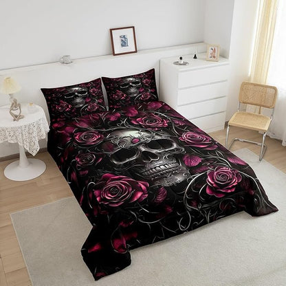 Erosebridal Gothic Skull Bedding Set for Adluts Kids Teens Goth Queen Comforter Set Vintage Victorian Romantic Hot Pink Rose Floral Quilt Spooky Grunge Skeleton Boho Horror Bedding,Gothic Decor