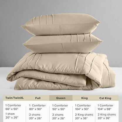 Comfort Spaces Khaki Queen Size Comforter Set - 3 Pieces Pintuck Pleated Bedding Sets, All Season Lightweight, Extra Softness Pre-Washed Microfiber Queen Bed Set, Shams, Queen