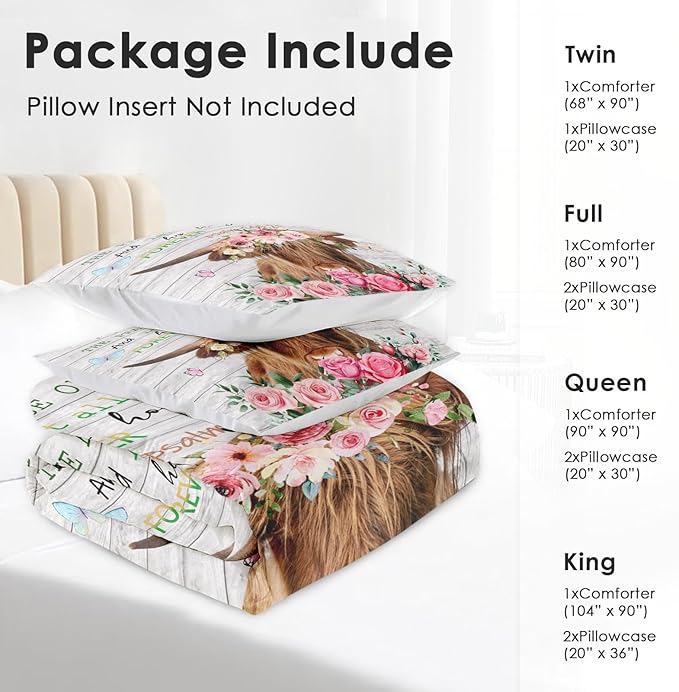 Comforter Set Full Size, Highland Cow Animal 3 Pcs Soft Bedding Set for Kids and Adults, Spring Farm Wood Flowers Comforter Set with 2 Pillowcases, for Bedroom Bed Decor