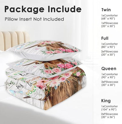 Comforter Set Full Size, Highland Cow Animal 3 Pcs Soft Bedding Set for Kids and Adults, Spring Farm Wood Flowers Comforter Set with 2 Pillowcases, for Bedroom Bed Decor