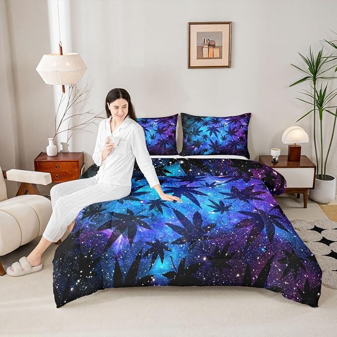 Erosebridal Leaves Comforter Set Teens Galaxy Bedding Set Full for Women Men Youth Soft Chic Purple Blue Duvet Set Room Decor Quilt Set