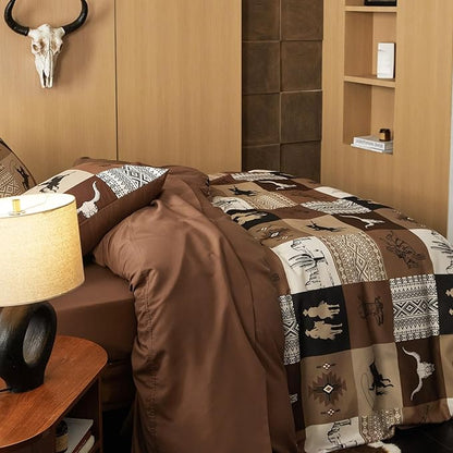 Wake In Cloud - Western Comforter Set, Southwestern Aztec Country Horse Cowboy Rustic Ranch Pattern Printed, Soft Lightweight Bedding, 3 Pieces, Tan Brown, Queen Size