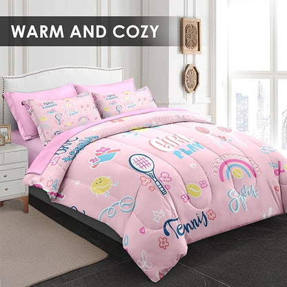 Comforter Set Queen Size, Cute Tennis Pink 7 Pcs Bedding for Kids and Adults, Rainbow Ball Flower Bed Sheet Sets with Fitted Sheet 2 Pillowcases & 2 Shams for Bedroom Bed Decor