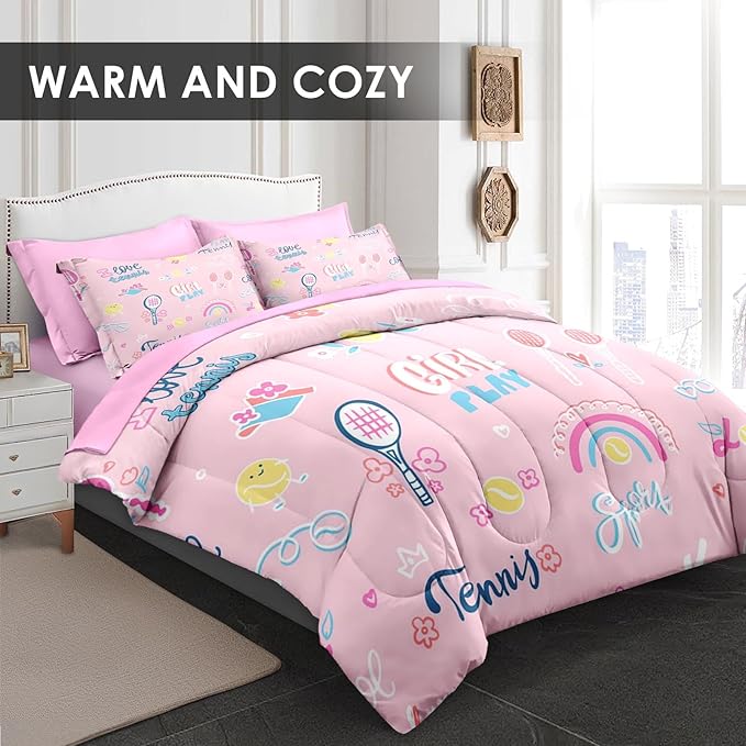Comforter Set Full Size, Cute Tennis Pink 7 Pcs Bedding for Kids and Adults, Rainbow Ball Flower Bed Sheet Sets with Fitted Sheet 2 Pillowcases & 2 Shams for Bedroom Bed Decor