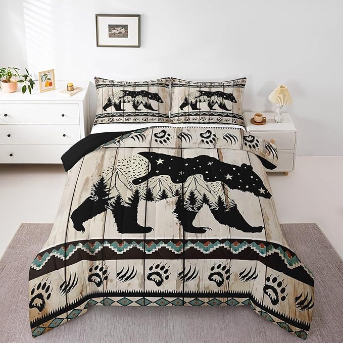 Feelyou Bear Bedding Set Wild Animal Hunt Comforter Set for Kids Boys Girls Boho Southwestern Comforter Rustic Wood Print Quilt Set Room 2Pcs Toddler Size