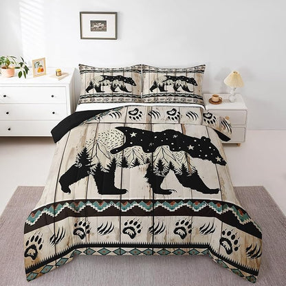 Feelyou Bear Bedding Set Wild Animal Hunt Comforter Set for Kids Boys Girls Boho Southwestern Comforter Rustic Wood Print Quilt Set Room 2Pcs Toddler Size