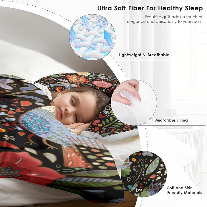 Comforter Set Twin Size, Retro Floral Bird Soft 2 Pcs Bedding for Kids and Adults, Vintage Chinese Flower Comforter Set with Pillowcase, for Bedroom Bed Decor