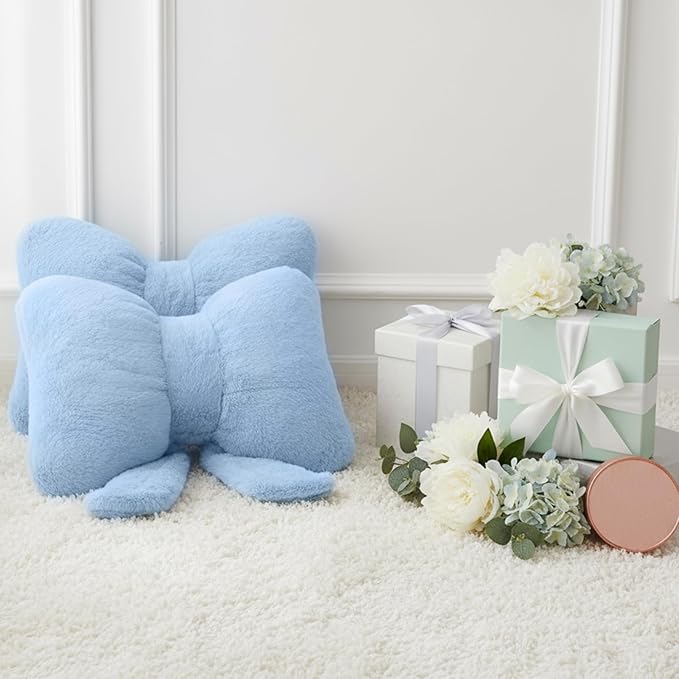 2 Pcs Blue Bow Pillow Faux Fur Blue Throw Pillows Soft Furry Coquette Decorative Cushion Cute Plush Bow Decor for Xmas Girls Home Room Bed Sofa Couch Car Gifts, 12 * 16 Inch