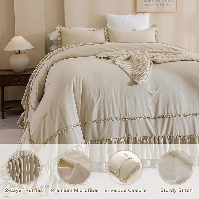 QSH Wheat Oversized King Comforter Set 120x120, Farmhouse Ruffled Bedding Comforter French Country Shabby Vintage Bed Comforter Microfiber Soft Lightweight Fluffy Bedding 3 PCs