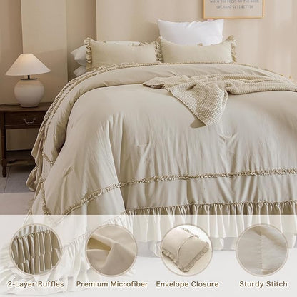 QSH Wheat Oversized King Comforter Set 120x120, Farmhouse Ruffled Bedding Comforter French Country Shabby Vintage Bed Comforter Microfiber Soft Lightweight Fluffy Bedding 3 PCs
