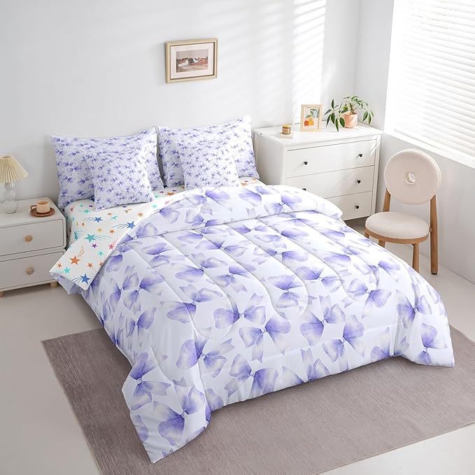 Feelyou Purple Bow Comforter Set with Sheets King Size Kids Bowknot 7 Pieces Bedding Set for Boys Girls Teens Gift for Girls Women Bed in a Bag Breathable Princess Décor Bed Set