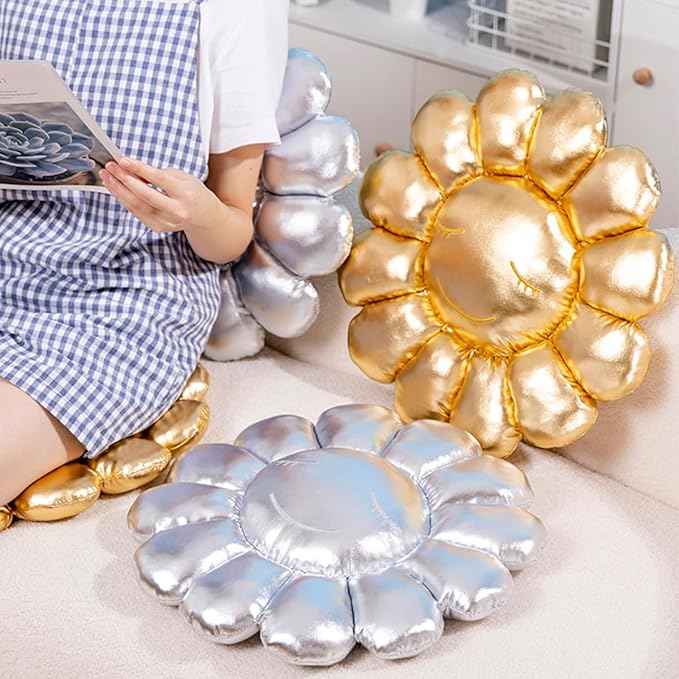 FIONOUT Gold Flower Pillow,16.53" Sunflower Pillows for Bedroom Soft Smiley Face Pillow Flower Floor Cushion,Cute Small Decorative Pillow Preppy Room Decor