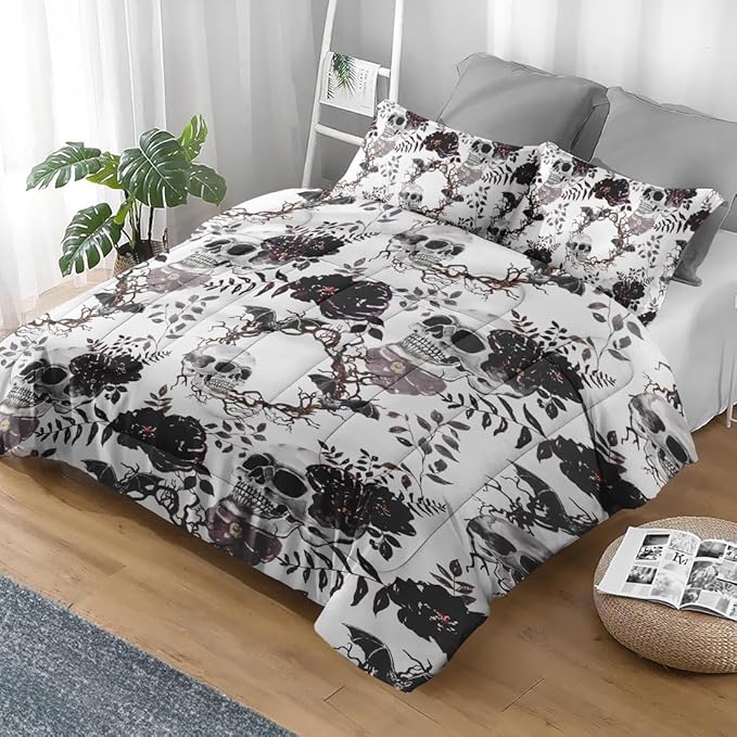 Comforter Set King Size, Vintage Soft 3 Pcs Bedding for Kids and Adults, Skeleton Flower Dead Tree Comforter Set with Pillowcase, for Bedroom Bed Decor
