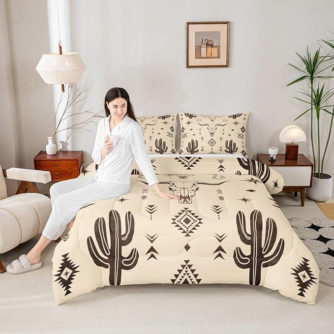 Erosebridal Boys King Size Bull Skull Comforter Set, Western Cowboy Bedding Set Vintage Southwestern Duvet Insert Bohemian Geometric Cactus Quilt Tribal Exotic Ethnic for Teens Bedroom Decor,Khaki