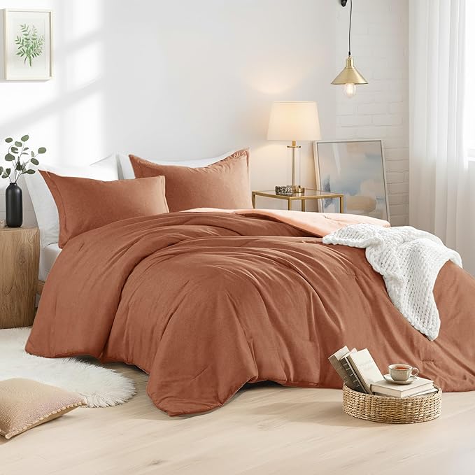 King Size Comforter Set, Lightweight Burnt Orange Soft Bedding for All Seasons, 3 Pieces Chambray Print Solid Farmhouse Bed Set, Comforter & Shams