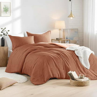 King Size Comforter Set, Lightweight Burnt Orange Soft Bedding for All Seasons, 3 Pieces Chambray Print Solid Farmhouse Bed Set, Comforter & Shams