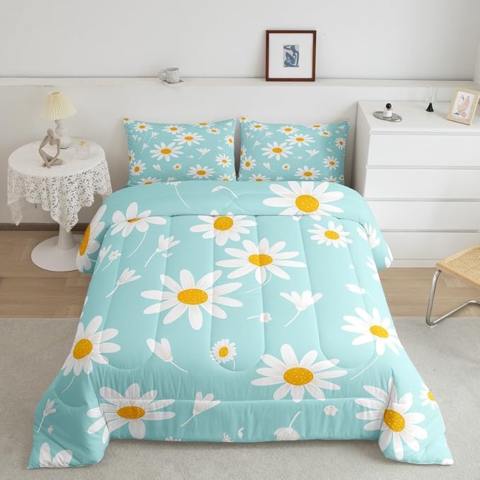 Manfei White Flower Comforter Set King Size, Botanical Garden Artwork Quilt Set with 2 Pillowcases, Daisy Floral Bedding Set 3pcs for Kids Boy Girls Bedroom Decor Lightweight Duvet Insert