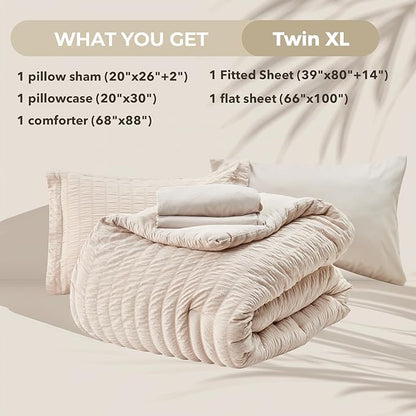HYMOKEGE Beige Twin XL Comforter Set Seersucker 5 Pieces, All Season Luxury Bed in a Bag for Bedroom, Bedding Set with Comforter, Sheets, Pillowcase & Sham