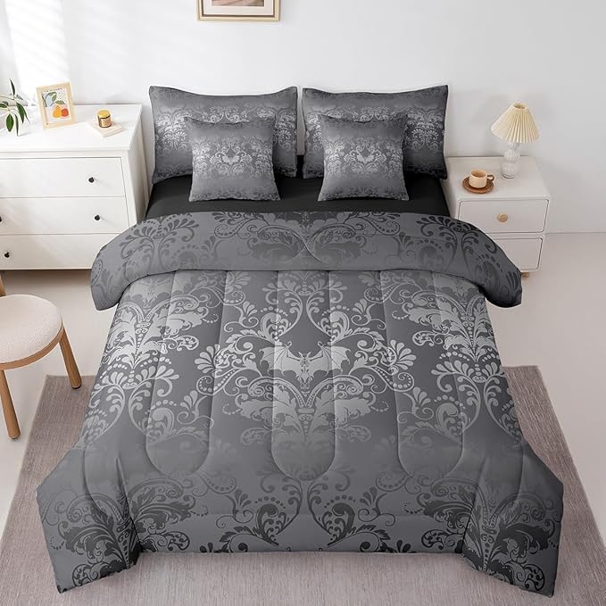 Erosebridal Gothic Damask Bed in a Bag King Size Comforter Set 7 Pieces,Halloween Bat Bedding Sets Silver Gray Victorian Floral Goth Sheet Set with Comforter
