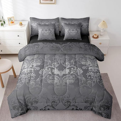 Erosebridal Gothic Damask Bed in a Bag King Size Comforter Set 7 Pieces,Halloween Bat Bedding Sets Silver Gray Victorian Floral Goth Sheet Set with Comforter