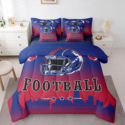 Erosebridal Football City 7 Piece Bedding Set Sports Ball Games Bed in A Bag American Rugby Comforter Set with Sheets Full Size for Kids Teen Adults,City Theme Ball Competitive Games Bed Set