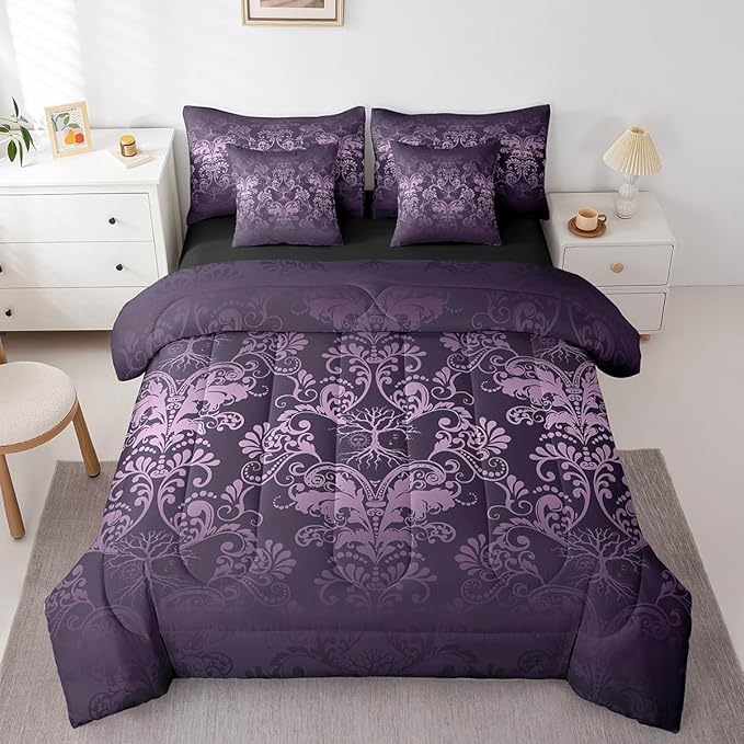 Erosebridal Gothic Damask Bed in a Bag King Size Comforter Set 7 Pieces,Sun Moon Tree of Life Bedding Sets Purple Victorian Floral Goth Sheet Set with Comforter