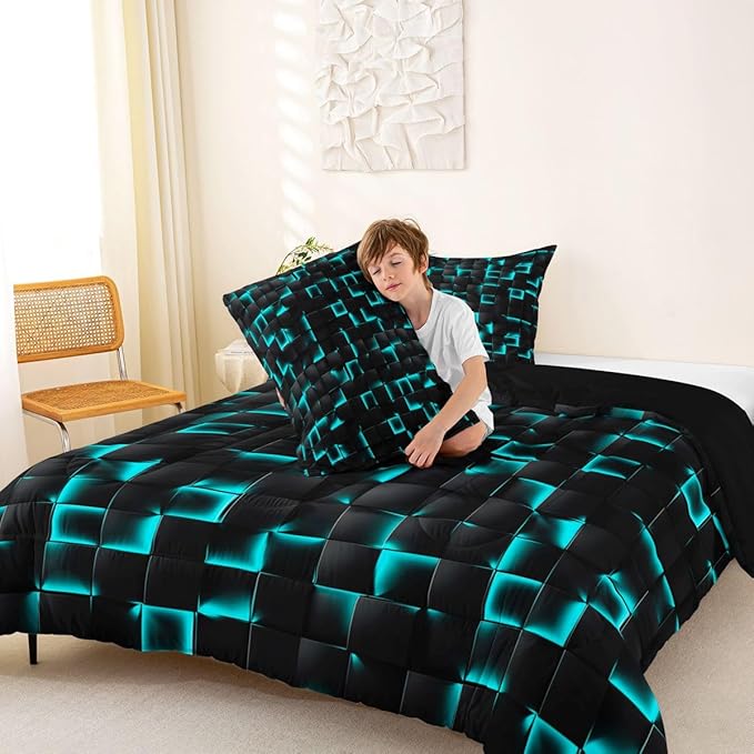 Erosebridal Neon Black Teal Boys Comforter Set Twin Geometric Checkered Turquoise Bedding Set for Kids Teen Men Gaming Room Decor,Abstract Ombre Plaid Comforter Grids Quilt Duvet
