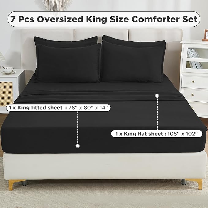Litanika Oversized King Comforter Sets Black - 7 Pieces Bed in a Bag Oversized King Bedding Comforter Sets, Solid Lightweight Bed Set with Comforter, Sheets, Pillowcases & Shams