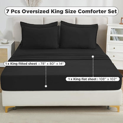 Litanika Oversized King Comforter Sets Black - 7 Pieces Bed in a Bag Oversized King Bedding Comforter Sets, Solid Lightweight Bed Set with Comforter, Sheets, Pillowcases & Shams
