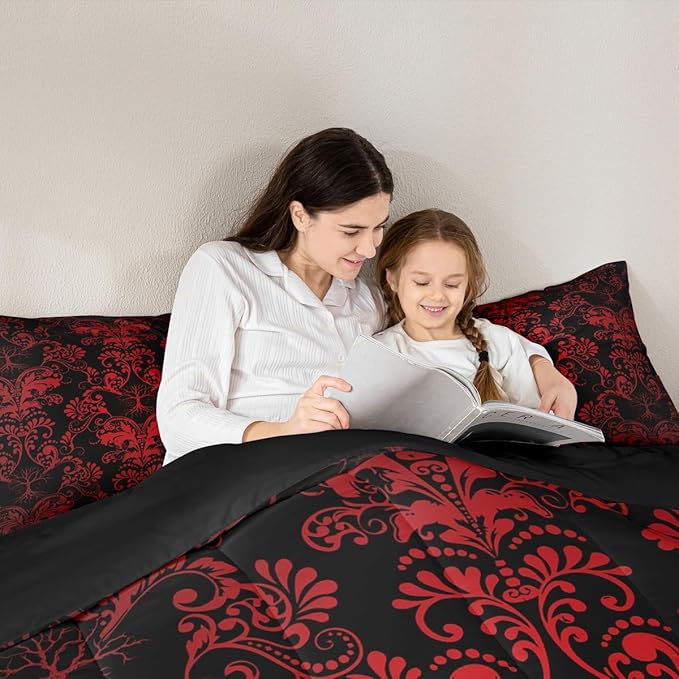 Erosebridal Gothic Damask Bed in a Bag King Size Comforter Set 7 Pieces,Sun Moon Tree of Life Bedding Sets Red Black Victorian Floral Goth Sheet Set with Comforter
