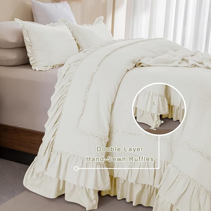 QSH Oversized King Ruffle Comforter 128x120,3PCs Ivory Farmhouse Lightweight Ruffled Bed Comforter Set Soft Microfiber Shabby Boho Chic California King Bed Comforter Set French Country Bedding