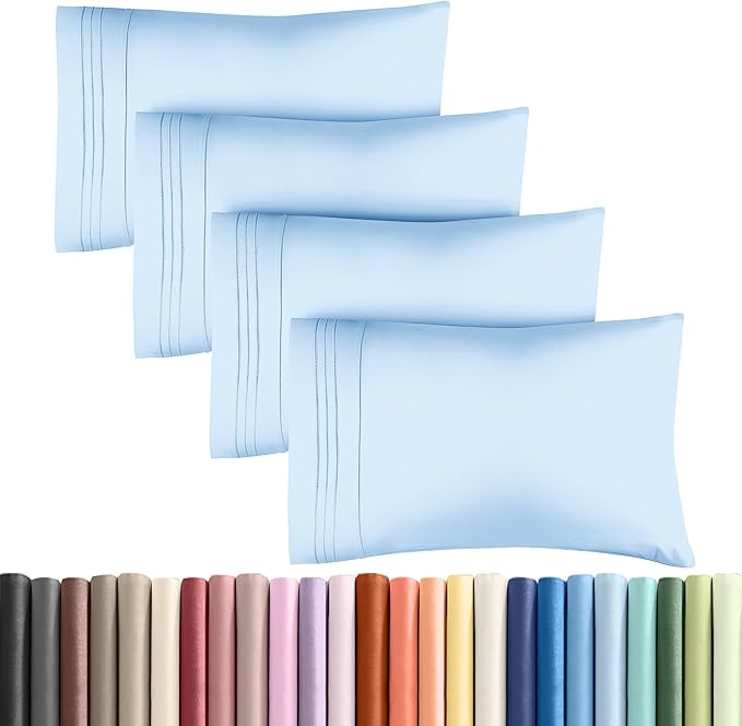 King Pillow Cases Set of 4 - Ultra Soft Hotel Quality Pillowcase Covers - Comfy, Cozy & Wrinkle Free - Shrinkage, Stain & Fade Resistant - Machine Washable Pillow Protectors - 4 Piece Set - Light Blue