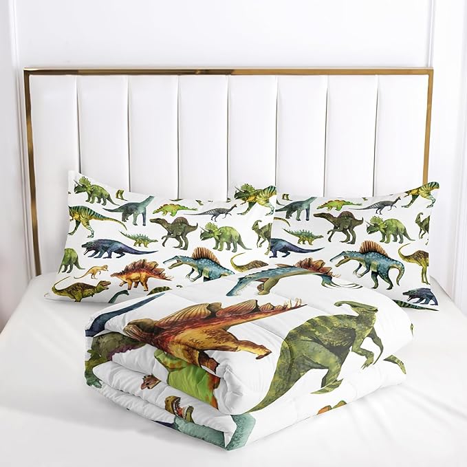 Dinosaur Comforter Sets Full Size，Dinosaur Printed Quilt Set for Bedroom Soft Microfiber All Season Print Quilt Set with 1 Comforter and 2 Pillow Case