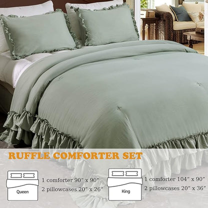 Masaca Green Ruffled Comforter King Size,Farmhouse Shabby Ruffle Rustic Aesthetic Green Bedding Extra Soft 3PCS (1 Ruffle Comforter and 2 Pillowcases)