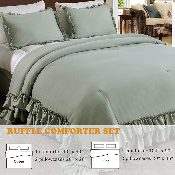 Masaca Green Ruffle Comforter Set Queen,Vintage Farmhouse Shabby Ruffled Chic Bedding Comforter,Rustic Aesthetic Bedding 3 Pieces Women Girls Bedroom Vintage Bed Comforter