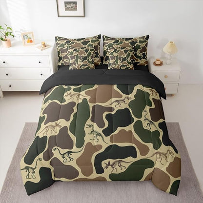 Erosebridal Dino Camouflage 7 Piece Bedding Set Full Dark Green Camo Comforter Set with Sheets Dinosaur Skeleton Bed in a Bag Vintage Skeleton Rustic Bed Sets Comforter