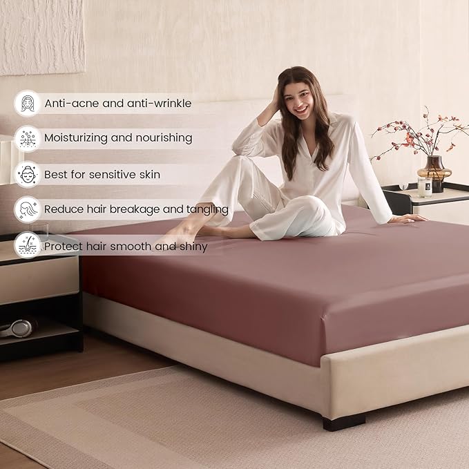 THXSILK 6A+ Top Grade 100% Pure Mulberry Silk Cal. King Fitted Sheet 3Pcs Set Bed Sheets Luxury Bedding for Hair and Skin Breathable Cooling Safe Materials, 1 Fitted Sheet with 2 Pillowcases, Purple