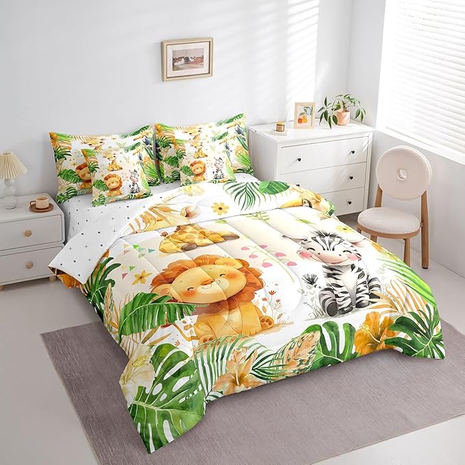 jejeloiu Kids Zoo Animal 7 Piece Bedding Set Full Size Cute Animal Comforter Set with Sheets for Boys Girls Teens Lion Giraffe Elephant Bed in a Bag Tropical Leaves Bed Set
