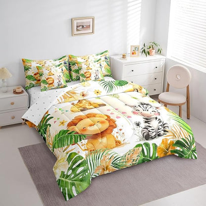 jejeloiu Kids Zoo Animal 7 Piece Bedding Set Full Size Cute Animal Comforter Set with Sheets for Boys Girls Teens Lion Giraffe Elephant Bed in a Bag Tropical Leaves Bed Set