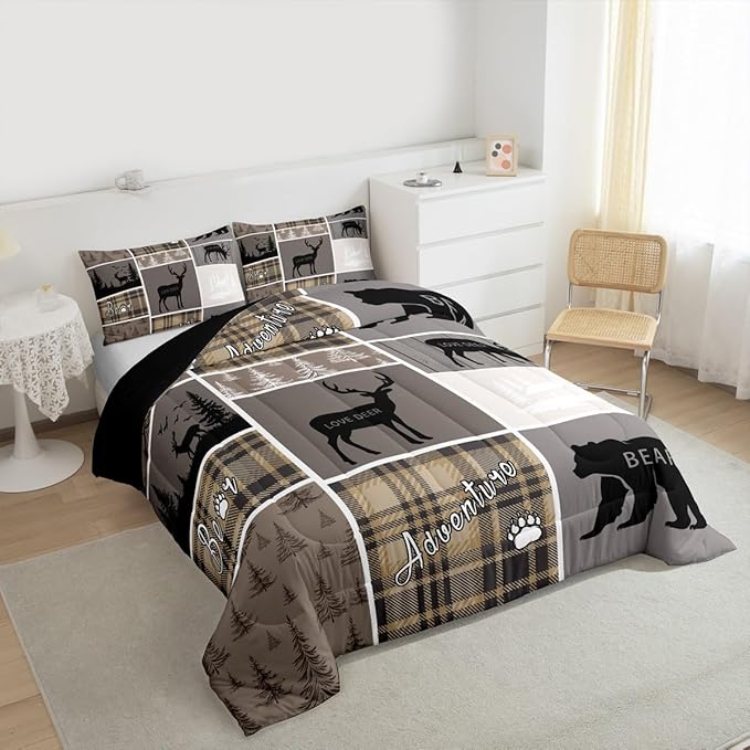 Hunting Bear Comforter Set For Boys, Rustic Cabin Lodge Bedding Twin Size, Vintage Farmhouse Patchwork Duvet Insert Woodland Animal Adventure Camping Down Comforter 2Pcs With 1 Pillow Case, Brown