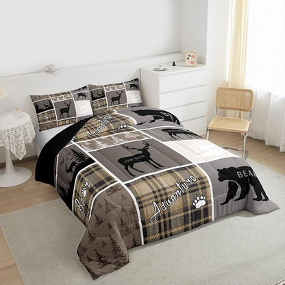 Hunting Bear Comforter Set For Boys, Rustic Cabin Lodge Bedding King Size, Vintage Farmhouse Patchwork Duvet Insert Woodland Animal Adventure Camping Down Comforter 3Pcs With 2 Pillow Cases, Brown