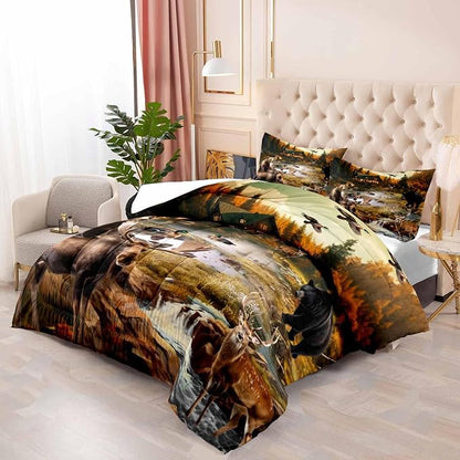 LUVIVIHOME 3PCS Black Bear Moose Elk Deer Comforter Set King Size, Rustic Cabin Bedding, Mallard Duck Forest Animal Wildlife Hunting Hunter Country Lodge Rustic Farmhouse Bedroom Decor, 2 Pillow Shams