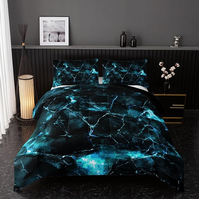 Blue Comforter Set Twin Size，Blue Marble Bedding Set 3 Pcs Bedding for Adults, Marble Room Decor with Comforter and 2 Pillowcases Soft and Lightweight B-Side Black