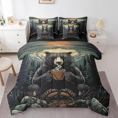Erosebridal Rustic Bear King Bedding Set, Black Bear with Coffee Cup Bed in A Bag,Farmhouse Cabin Decor Comforter Sets with Sheets, Vintage Woodland Animal 7 Pieces Bed Set Bedroom Decor