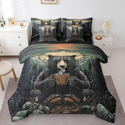 Erosebridal Rustic Bear Full Bedding Set, Black Bear with Coffee Cup Bed in A Bag,Farmhouse Cabin Decor Comforter Sets with Sheets, Vintage Woodland Animal 7 Pieces Bed Set Bedroom Decor