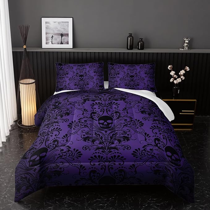 Adults Violet Gothic Comforter Set Twin Size,Vintage Damask Floral Bedding Set 3Pcs,Bohemia Bedding Set Goth Skull Printed Quilted Set for Teens Adult with 1 Comforter with 2 Pillowcase
