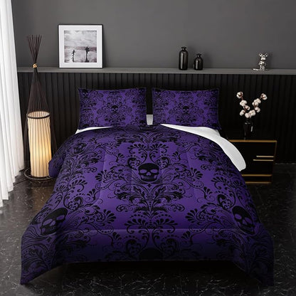 Adults Violet Gothic Comforter Set Twin Size,Vintage Damask Floral Bedding Set 3Pcs,Bohemia Bedding Set Goth Skull Printed Quilted Set for Teens Adult with 1 Comforter with 2 Pillowcase